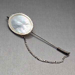 VTG Italian Sterling Silver MOP Stick Pin 3" Figaro Safety Chain